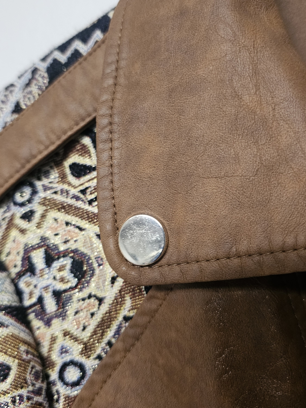 Chico's Brown Faux-Leather Moto Jacket Jacquard Paisley Size Large Artsy Western - Picture 7 of 11